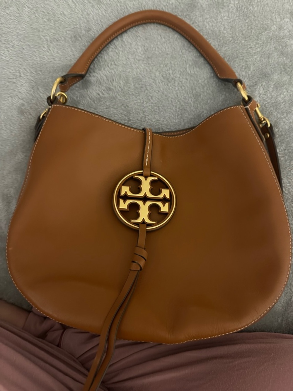 Tory Burch Cognac Leather Hobo with Logo Medallion